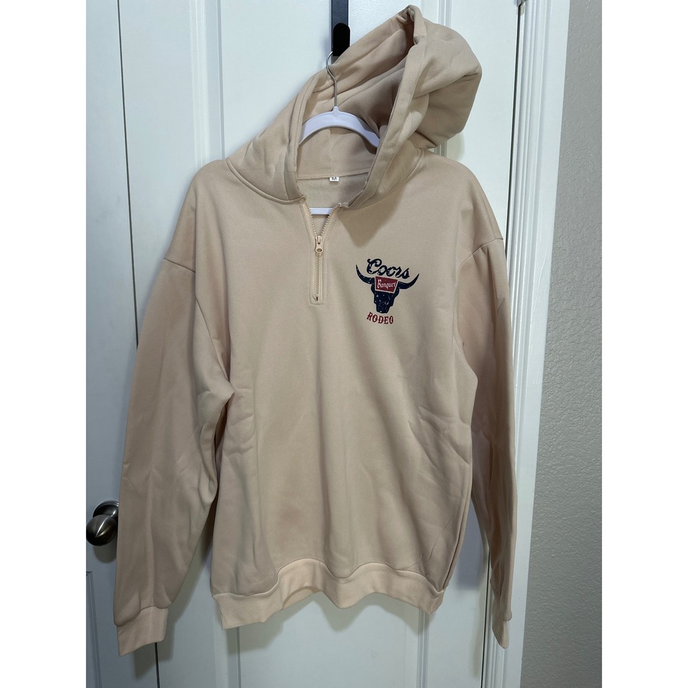 Coors Banquet Rodeo Quarter Zip Hoodie Tan Western Cowboy Graphic Sweatshirt M